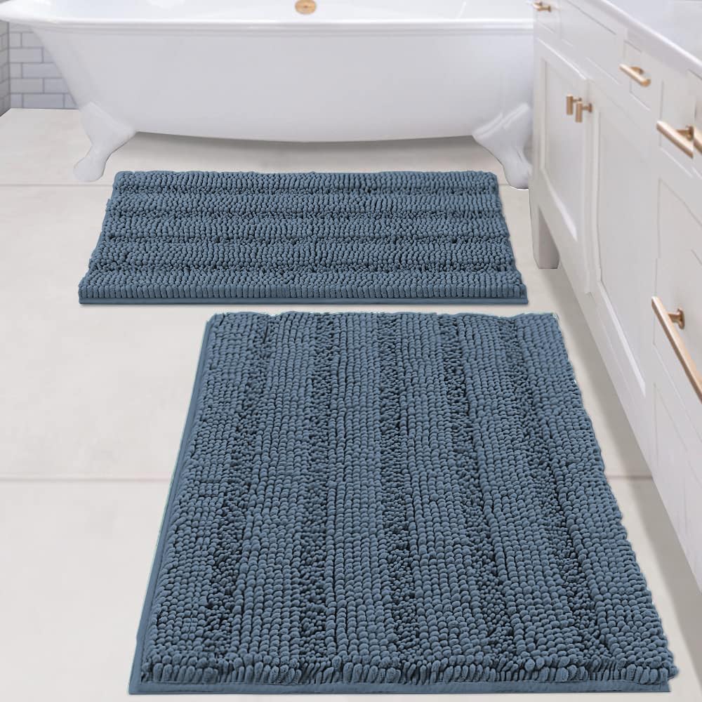 H.VERSAILTEX Grey Bathroom Rug Set Bath Mats, 2 Piece Bath Rugs Non Slip Thick Soft Chenille Striped Bath Rug Set, Bath Mats for Bathroom Sets (Grey, 20" x 32"/17" x 24")