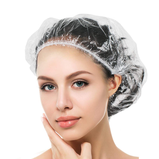 Auban 100PCS Disposable Shower Caps Independent Packing, Plastic Clear Hair Cap Large Thick Waterproof Bath Caps for Women, Travel Essentials Accessories (20.5")