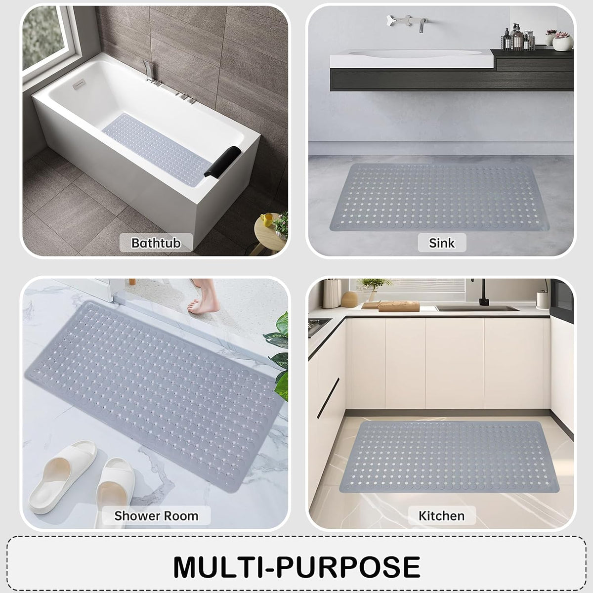 Non-Slip Bathtub and Shower Mats, Power Grip Bath Mat 35 x 16.3 Inch with Suction Cups and Drain Holes for Tub Bathroom Floor Safety, Machine Washable Soft Bathmat, Gray