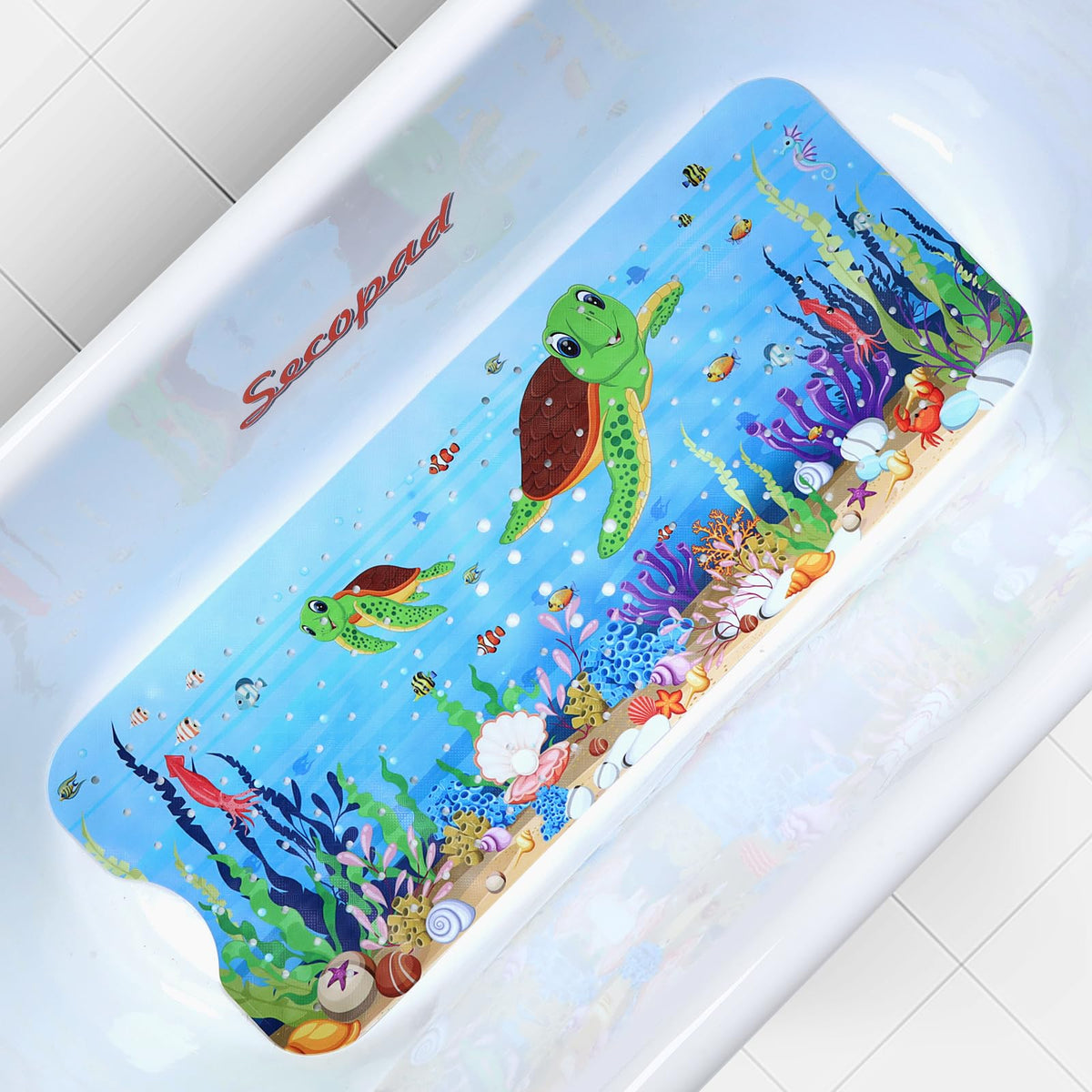 Secopad Bathtub Mat Non Slip, Cute Tub Mat, 40" x 16", Blue Sea Animals
