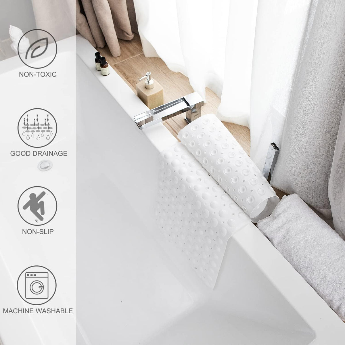 TEESHLY Bath Tub and Shower Mats, Non-Slip 39 x 16 Inch Extra Long Bathtub Mat, Machine Washable BathMat with Drain Holes, Suction Cups for Bathroom (Opaque White)