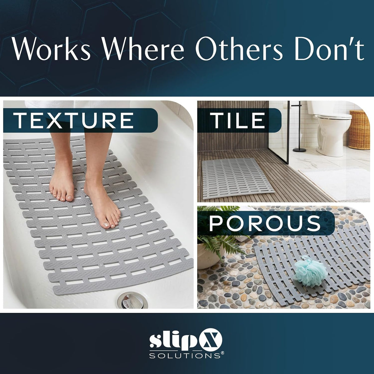 SlipX Solutions 31"x15" Weighted Non Slip Bath Mat for Textured Tubs, Gray
