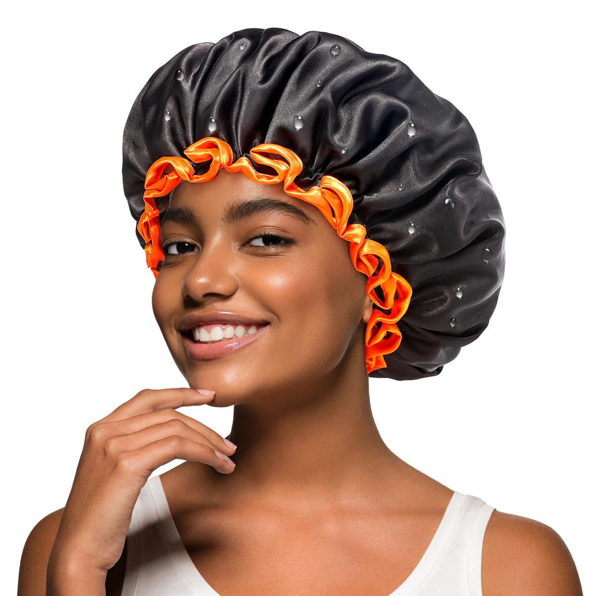 mikimini Extra Large Black Shower Caps Pack of 2 for Women and Men Thick Long Hair Braids, Reusable Waterproof Double Layers XL Bathing Hair Cap with Vibrant Orange Edge (Black)
