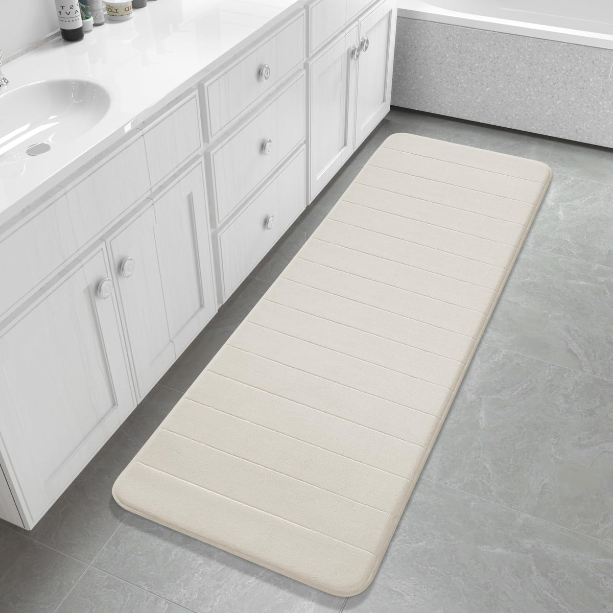 Yimobra Memory Foam Bath Mat, Super Soft Absorbent Bathroom Rug Non Slip 31.5x20 Inch, Quick Dry, Machine Washable Floor Carpet for Tub Shower, Home Decor Accessories, Beige