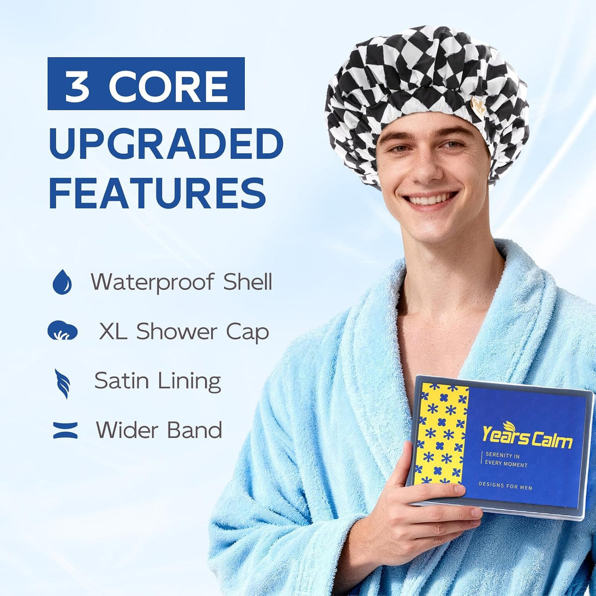 Years calm Satin Lined Shower Cap for Men Waterproof Reusable Checkerboard