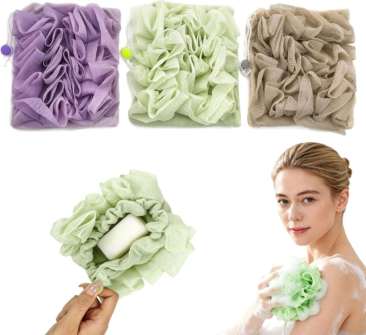 3-Pack Bar Soap Pouch, 2-in-1 Mesh Soap Scrubber Pouch with Loofah Washcloth, Washable and Reusable Soap Saver for Shower Lathering and Shower Use ﻿