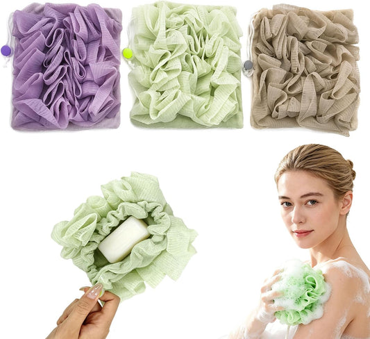 3-Pack Bar Soap Pouch, 2-in-1 Mesh Soap Scrubber Pouch with Loofah Washcloth, Washable and Reusable Soap Saver for Shower Lathering and Shower Use ﻿