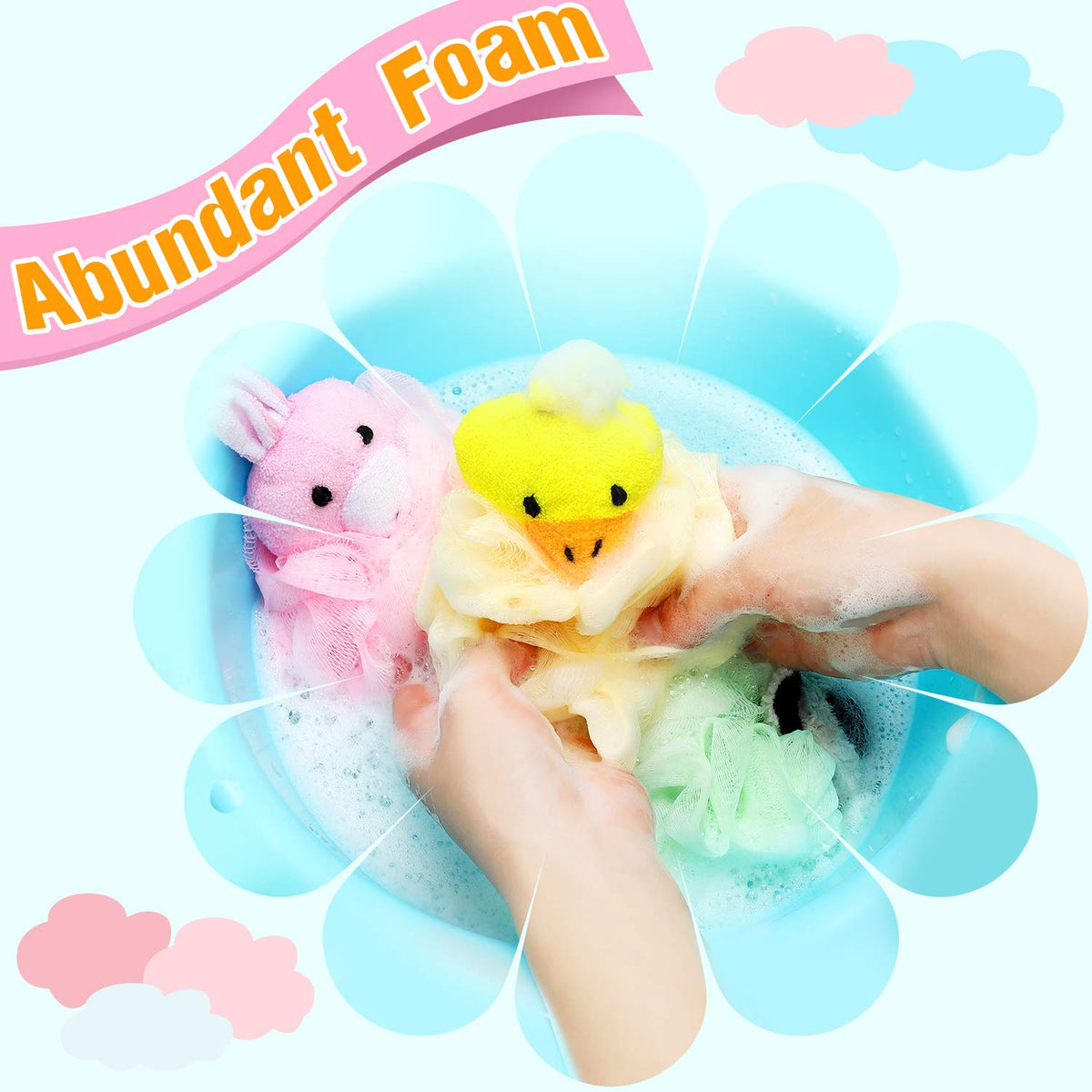 Boao 8 Pcs Kids Loofah Bath Sponge Cartoon Animal Mesh Body Soft Scrubbers