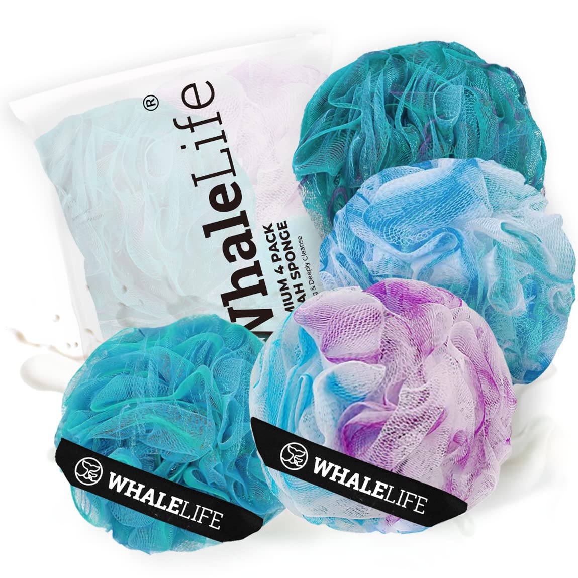 WhaleLife Bath Loofah Sponge for Shower - Body Scrubber 4-Pack Black