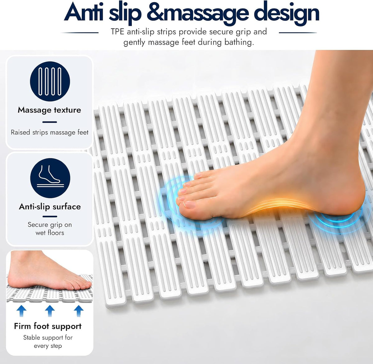 XIYUNTE Shower Mat Non Slip Bath Mat for Tub - 36 x 16 Inch Bathtub Mat Non Slip Shower Mat for Inside Shower, TPE Bath Mat with Powerful Suction Cup, Easy to Cut Bath Tub Mat, Grey