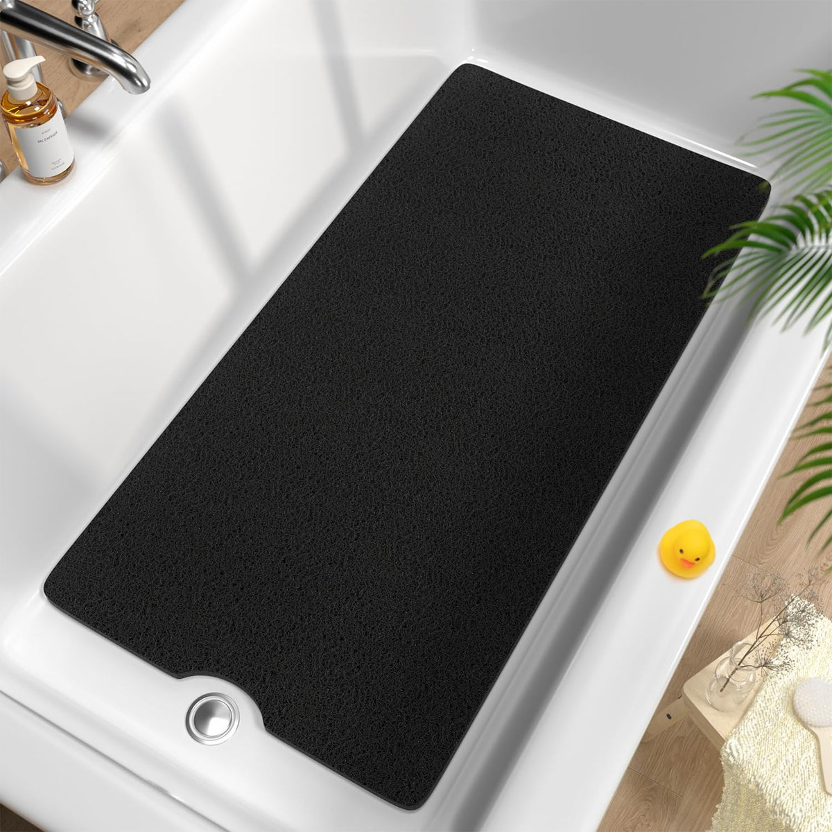 HITSLAM Non Slip Bathtub Mat 40 x 16 Inch, Extra Long Bath Mat for Tub, Soft PVC Loofah Shower Floor Mat with Drain, Quick Drying Bathroom Tub Mat for Wet Area, Without Suction Cup, Grey