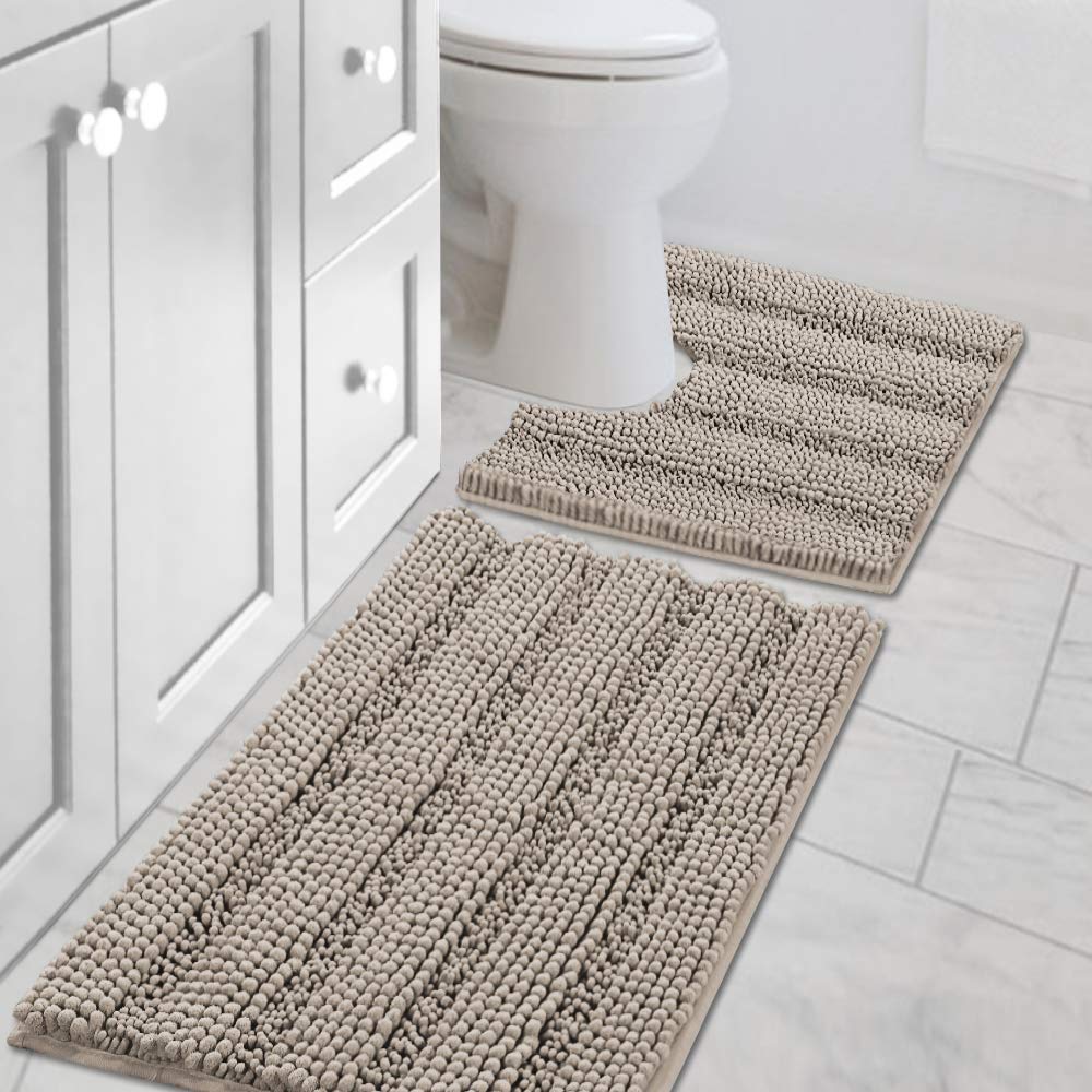 H.VERSAILTEX Grey Bathroom Rug Set Bath Mats, 2 Piece Bath Rugs Non Slip Thick Soft Chenille Striped Bath Rug Set, Bath Mats for Bathroom Sets (Grey, 20" x 32"/17" x 24")