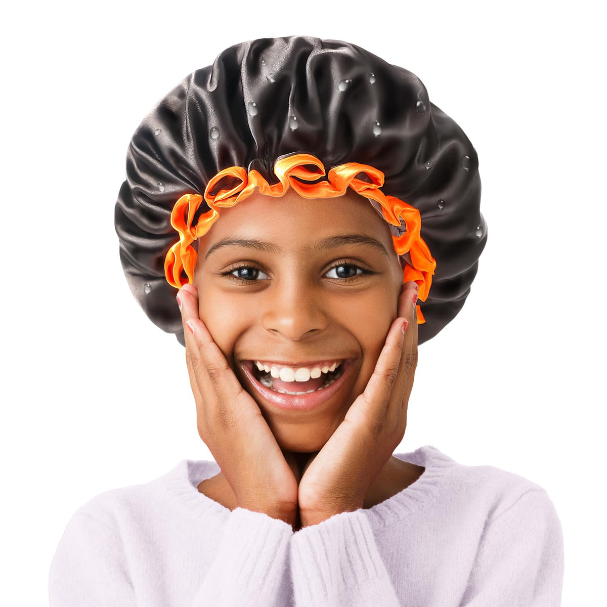 mikimini Extra Large Black Shower Caps Pack of 2 for Women and Men Thick Long Hair Braids, Reusable Waterproof Double Layers XL Bathing Hair Cap with Vibrant Orange Edge (Black)