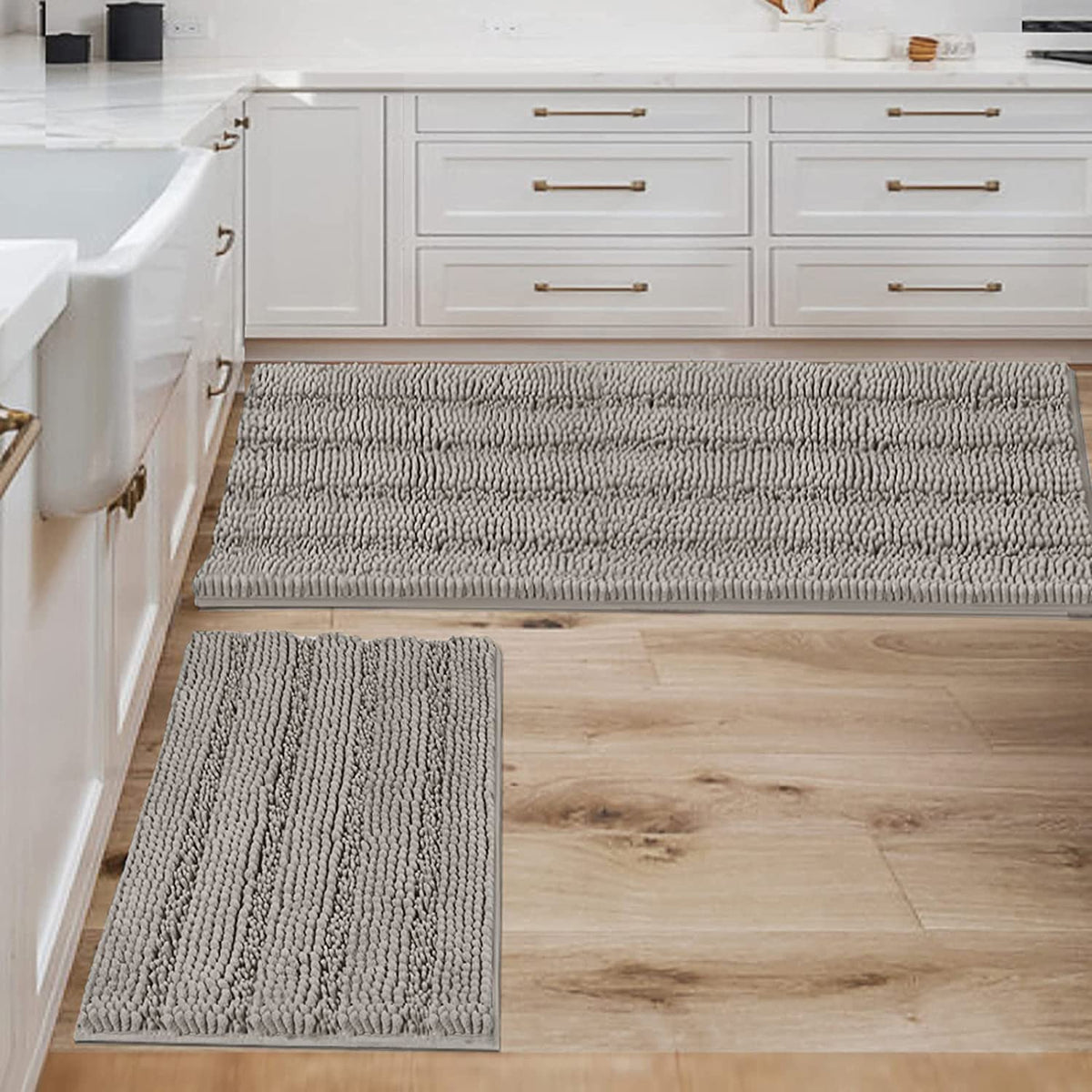H.VERSAILTEX Grey Bathroom Rug Set Bath Mats, 2 Piece Bath Rugs Non Slip Thick Soft Chenille Striped Bath Rug Set, Bath Mats for Bathroom Sets (Grey, 20" x 32"/17" x 24")