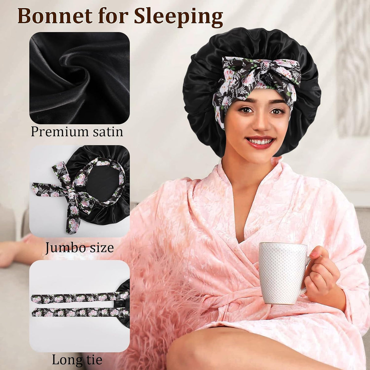 2Pcs Satin Bonnet with Tie Band for Sleeping, Champagne Gold+Black