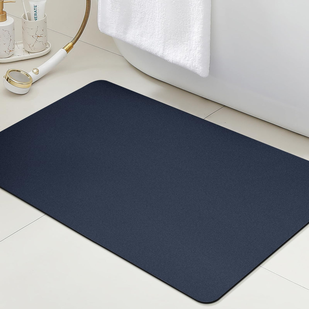 ACCUMTEK Non Slip Bath Mat, Thin Bathroom Rugs Fit Under Door, Quick Dry Bath Mats, Machine Washable Bath Rugs for Bathroom, Bathtub & Kitchen, Grey/Bordered/24 x17