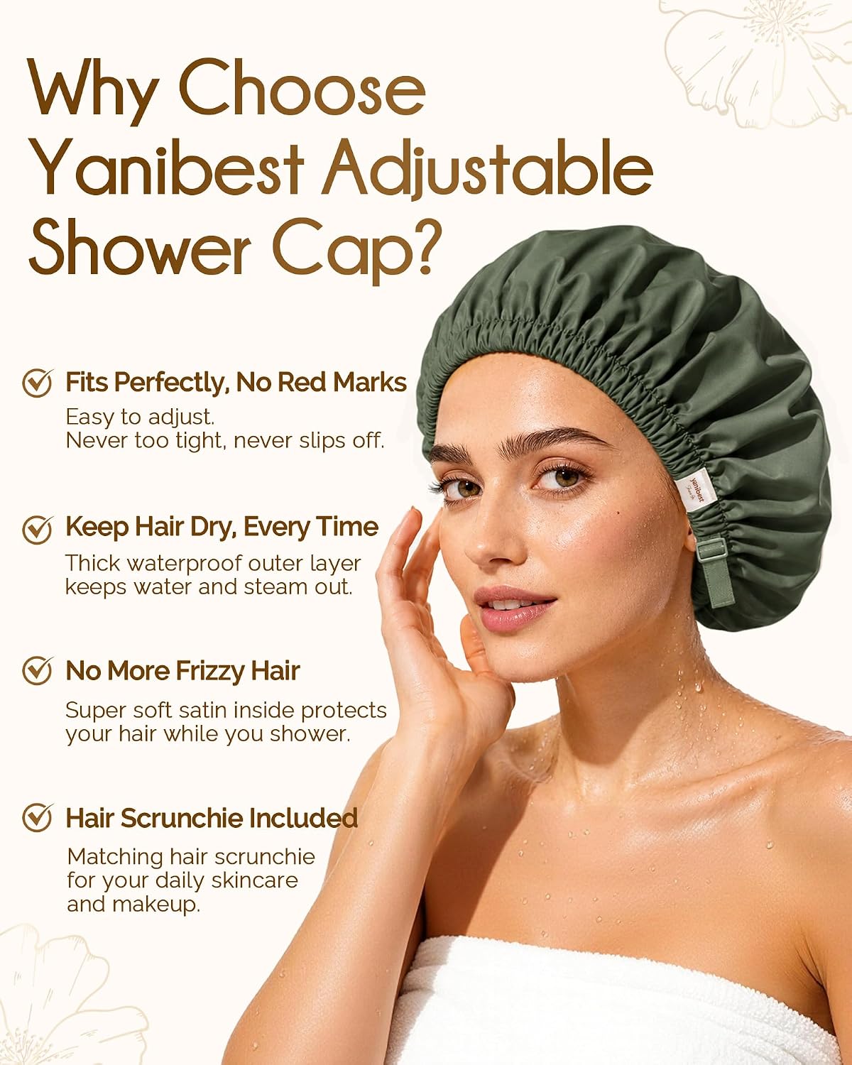 Yanibest Adjustable Satin Lined Shower Caps with Scrunchie