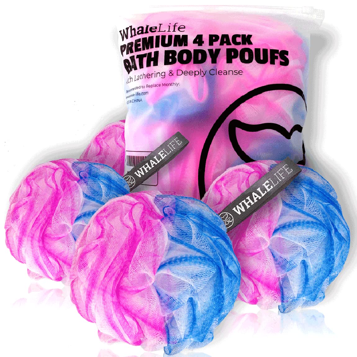 WhaleLife Bath Loofah Sponge for Shower - Body Scrubber 4-Pack Black