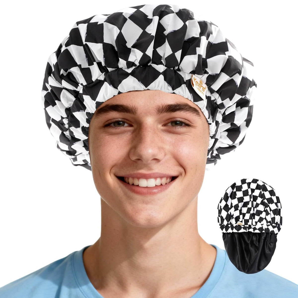 Years calm Satin Lined Shower Cap for Men Waterproof Reusable Checkerboard