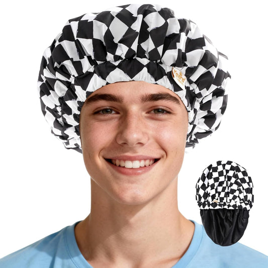 Years calm Satin Lined Shower Cap for Men Waterproof Reusable Checkerboard