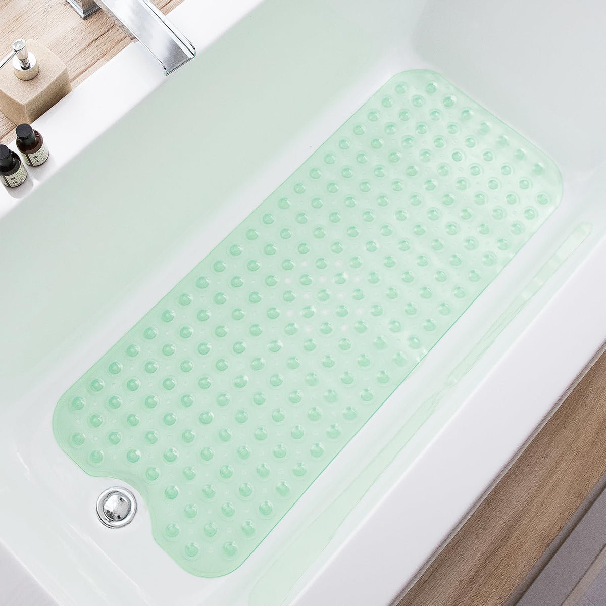 TEESHLY Bath Tub and Shower Mats, Non-Slip 39 x 16 Inch Extra Long Bathtub Mat, Machine Washable BathMat with Drain Holes, Suction Cups for Bathroom (Opaque White)