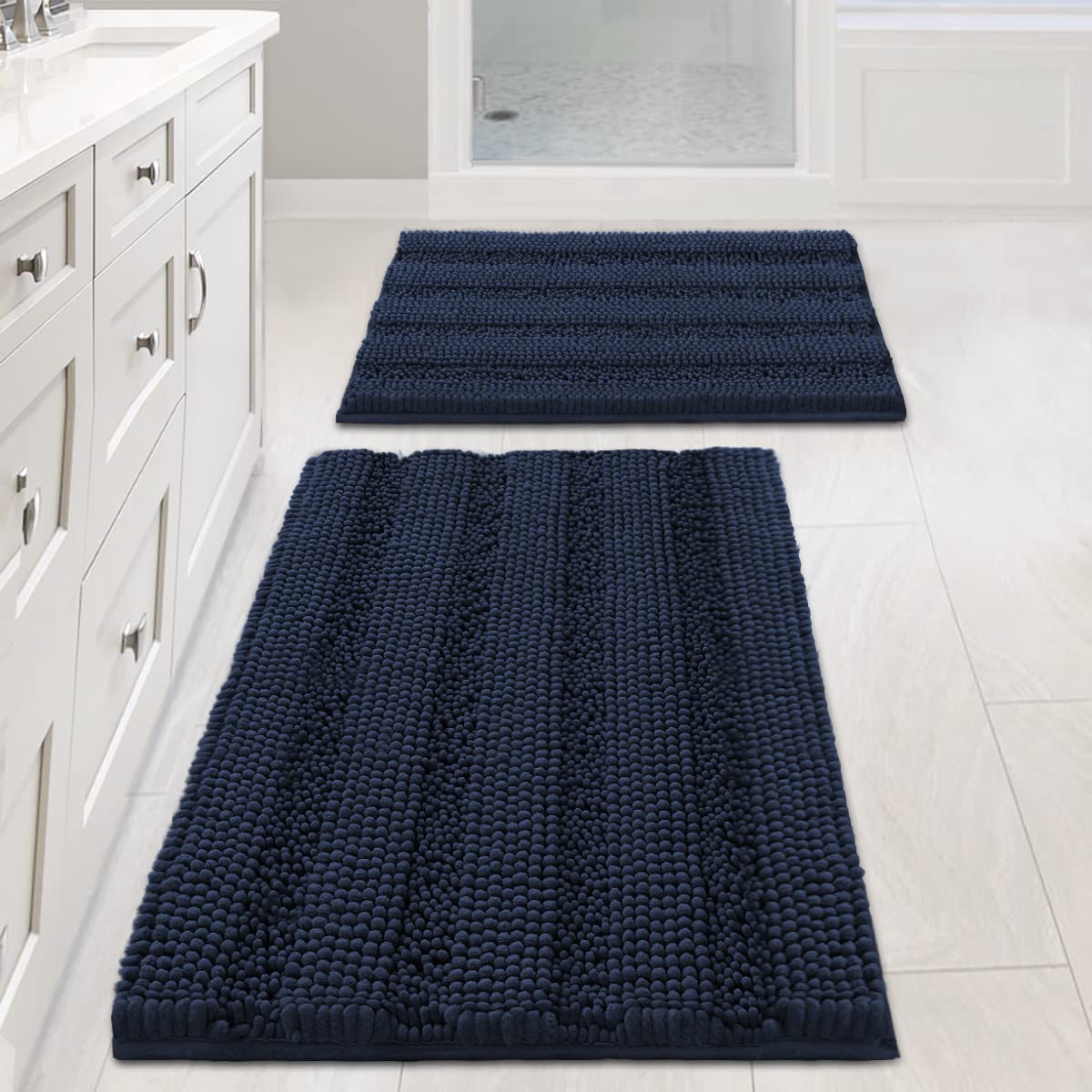 H.VERSAILTEX Grey Bathroom Rug Set Bath Mats, 2 Piece Bath Rugs Non Slip Thick Soft Chenille Striped Bath Rug Set, Bath Mats for Bathroom Sets (Grey, 20" x 32"/17" x 24")