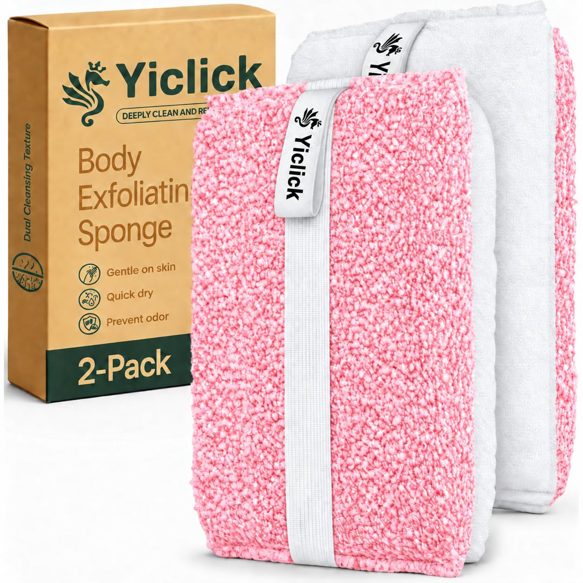 Yiclick Exfoliating Body Scrubber (2 Pack), Body Scrubber Exfoliator, Exfoliating Sponge for Shower Bath, Shower Loofah Luffa Lufa with Handle for Men Women, Dead Skin Exfoliator for Body Scrub
