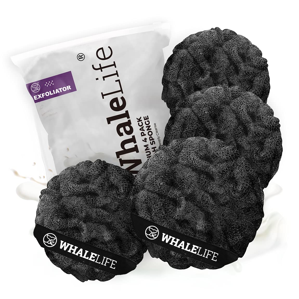 WhaleLife Bath Loofah Sponge for Shower - Body Scrubber 4-Pack Black