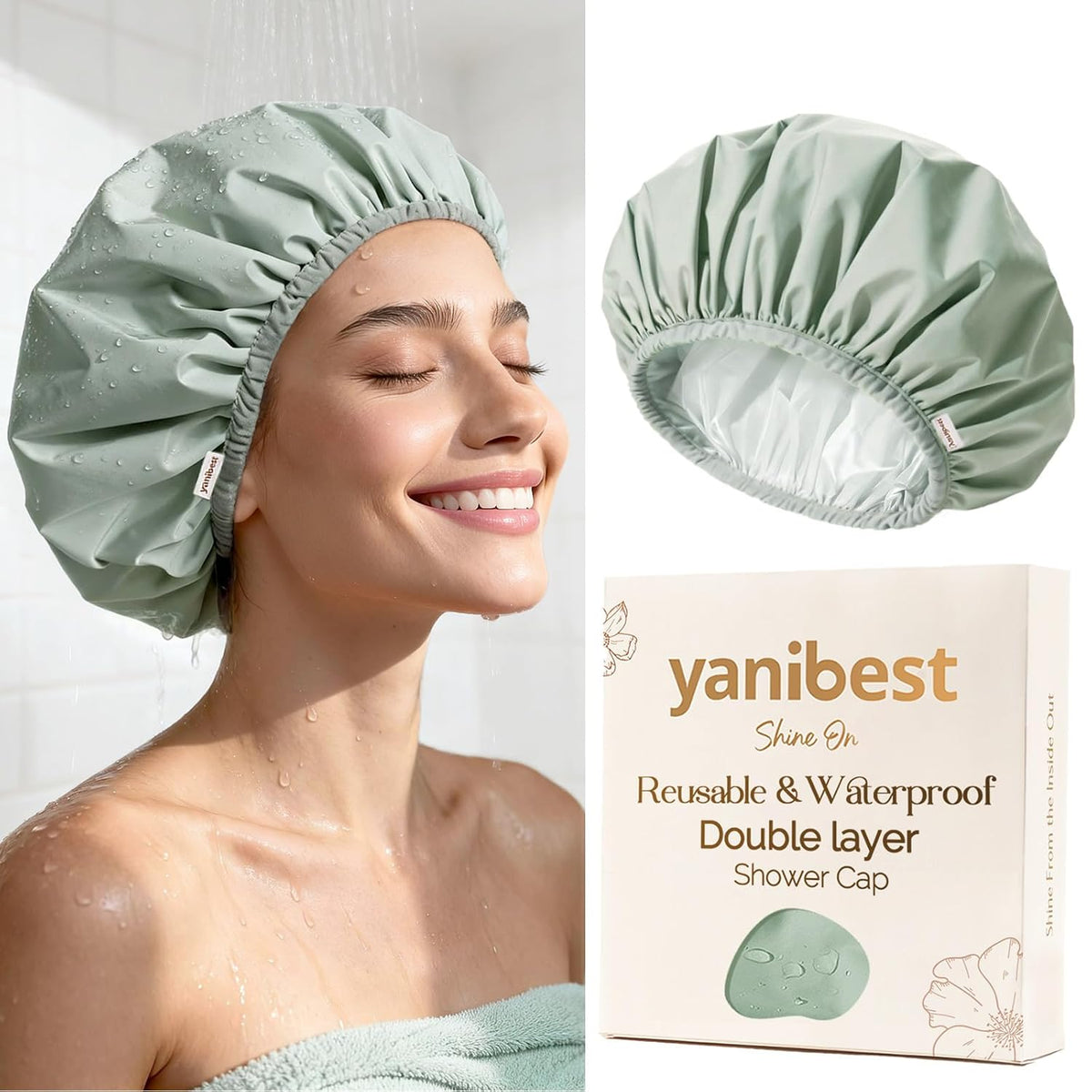 Yanibest Shower Cap Reusable Waterproof, Double Layer Shower Caps for Women