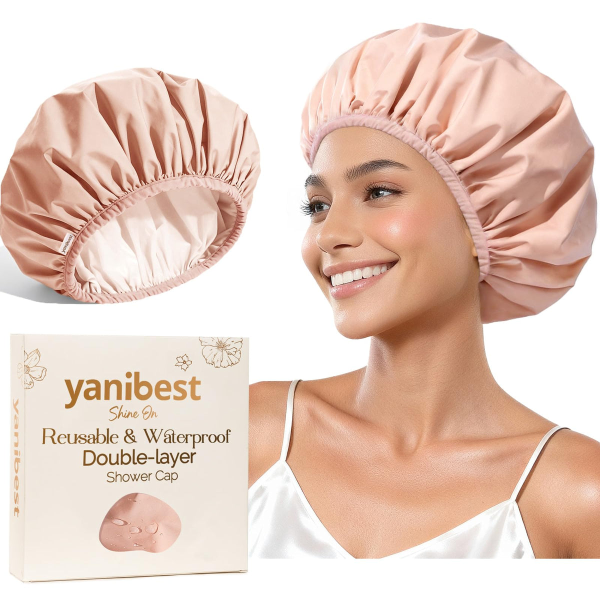 Yanibest Shower Cap Reusable Waterproof, Double Layer Shower Caps for Women