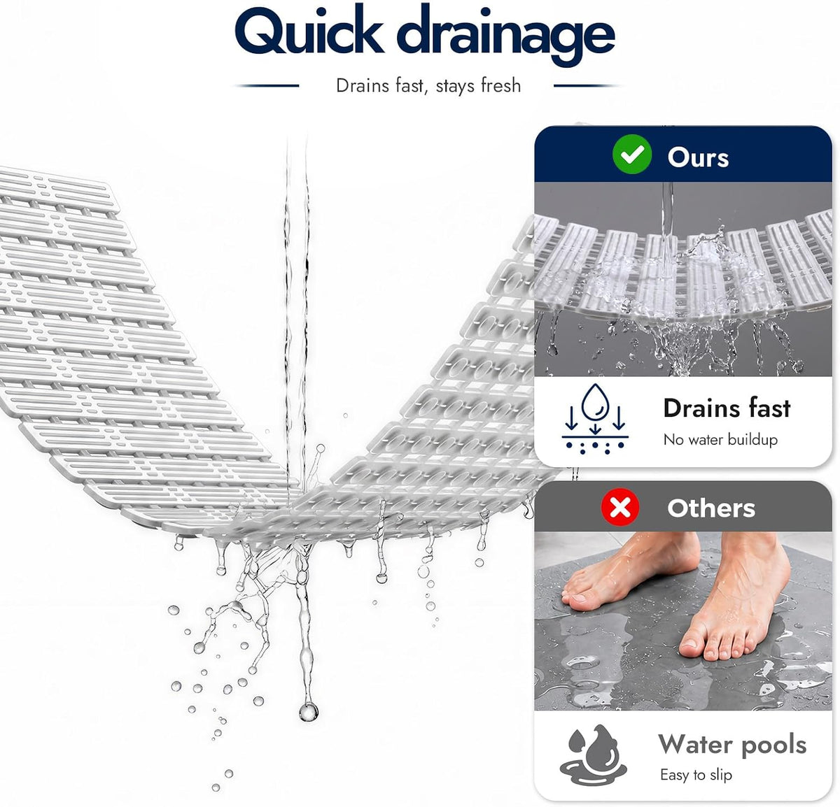 XIYUNTE Shower Mat Non Slip Bath Mat for Tub - 36 x 16 Inch Bathtub Mat Non Slip Shower Mat for Inside Shower, TPE Bath Mat with Powerful Suction Cup, Easy to Cut Bath Tub Mat, Grey