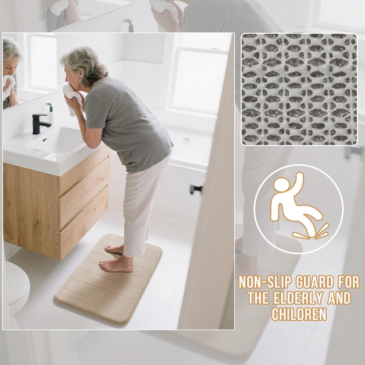 Yimobra Memory Foam Bath Mat, Super Soft Absorbent Bathroom Rug Non Slip 31.5x20 Inch, Quick Dry, Machine Washable Floor Carpet for Tub Shower, Home Decor Accessories, Beige