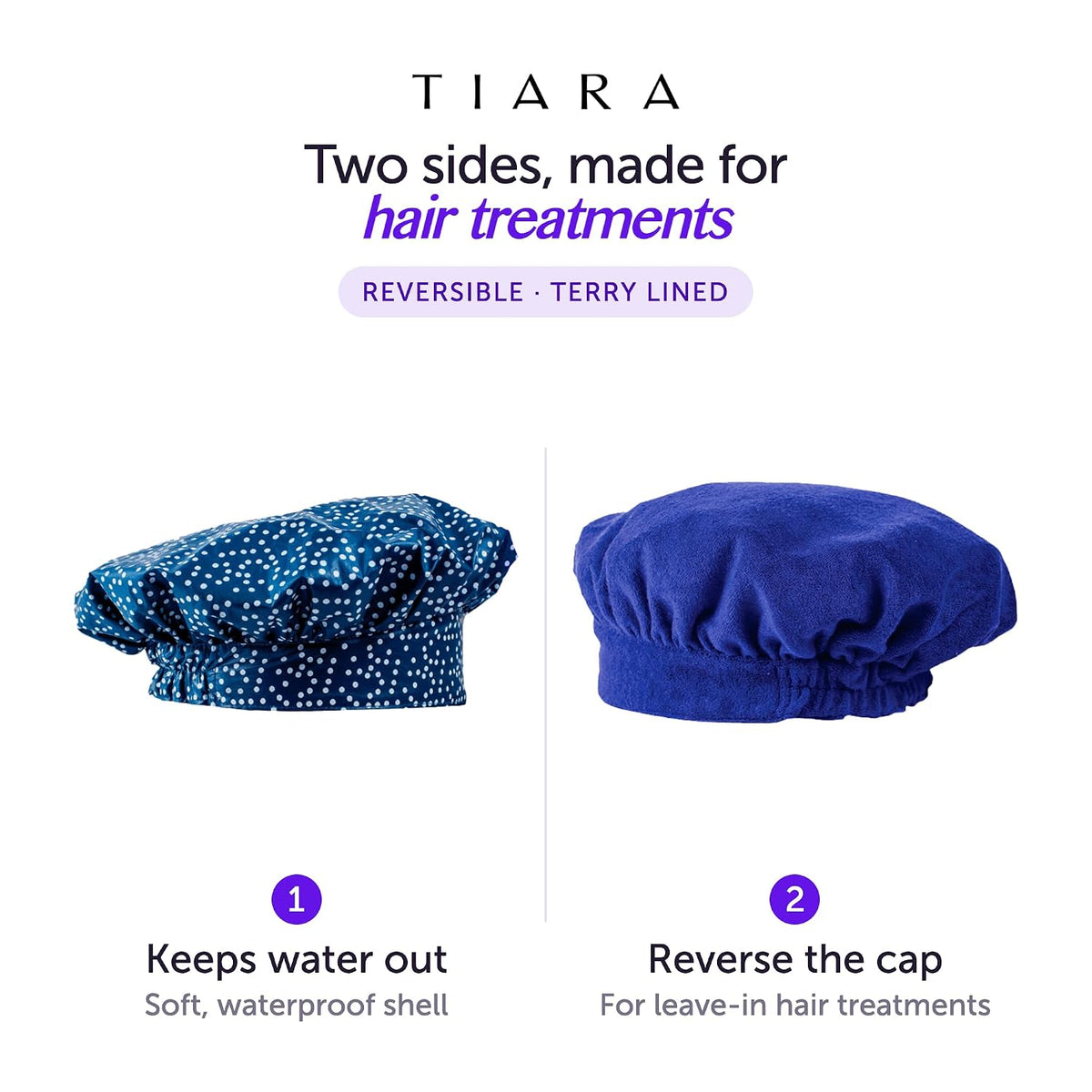 TIARA Reversible, Reusable, Waterproof Shower Cap – Large Shower Cap for Long. Short, Braided, or Thick Hair, Reversible Deep Conditioning Hair Cap, Soft Terry Lined, Machine Washable (Blue Dots)
