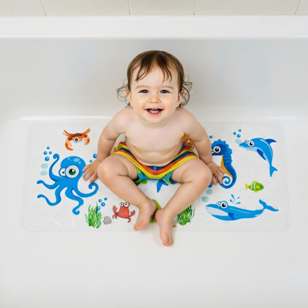 BEEHOMEE Kids Bath Mat for Tub, Non-Slip Toddler Bathtub Mat(Blue-Octopus)
