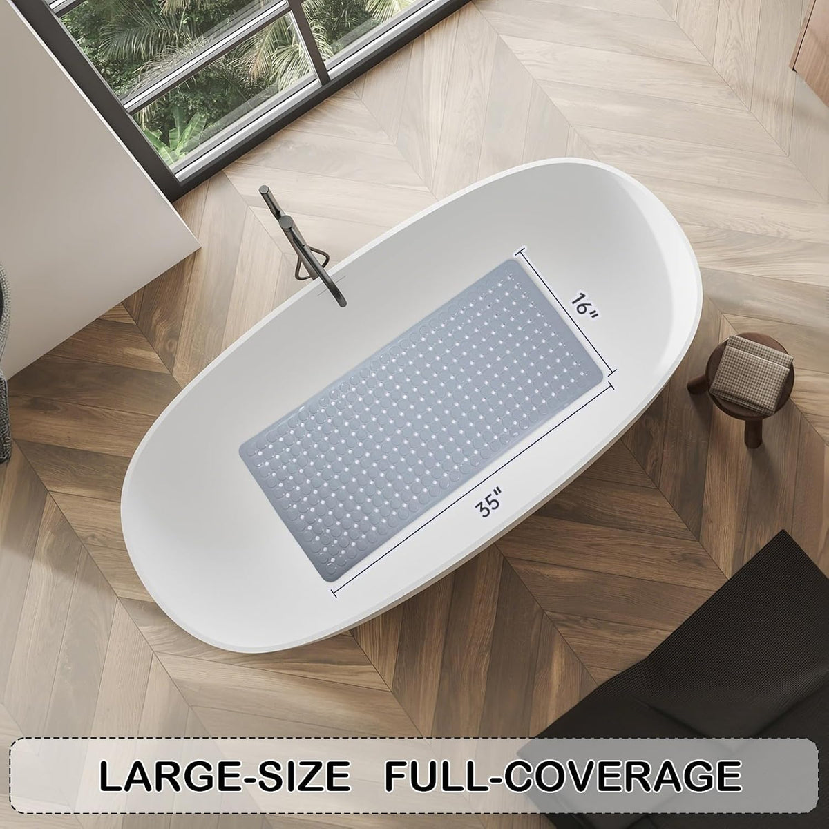 Non-Slip Bathtub and Shower Mats, Power Grip Bath Mat 35 x 16.3 Inch with Suction Cups and Drain Holes for Tub Bathroom Floor Safety, Machine Washable Soft Bathmat, Gray