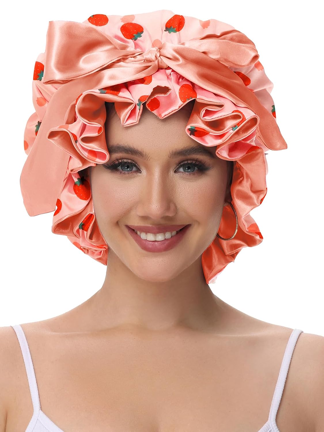 Silk Bonnet for Sleeping Women, Satin Hair Shower Cap 2025 Tie Band Adjustable Straps Head Wrap for Curly Hair Strawberries F