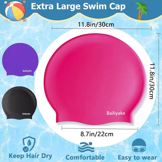 3 Pack Extra Large Swim Cap for Braids & Dreadlocks - Waterproof Silicone Swim Hat for Women with Long Thick Hair, Protective Swim Cap Cover Ears for Swimming, Shower, Bathing