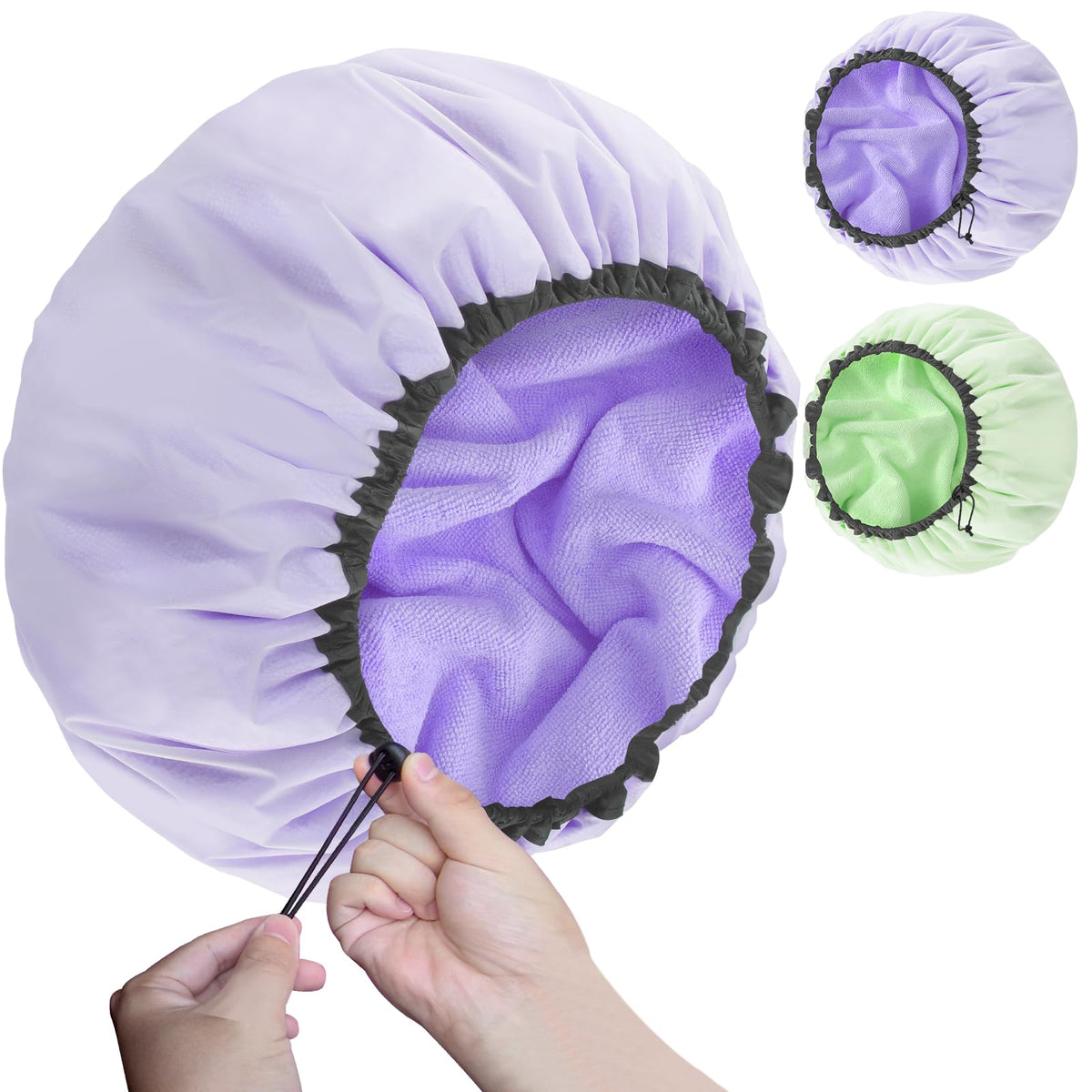 Sheomern 2 Pcs 15" XL Extra Large Terry Lined Shower Cap, Adjustable Dual Waterproof Shower Cap for Women Reusable Soft Hair Cap Bath Cap for Long Braids, Thick Hair, Locs, Curly Hair