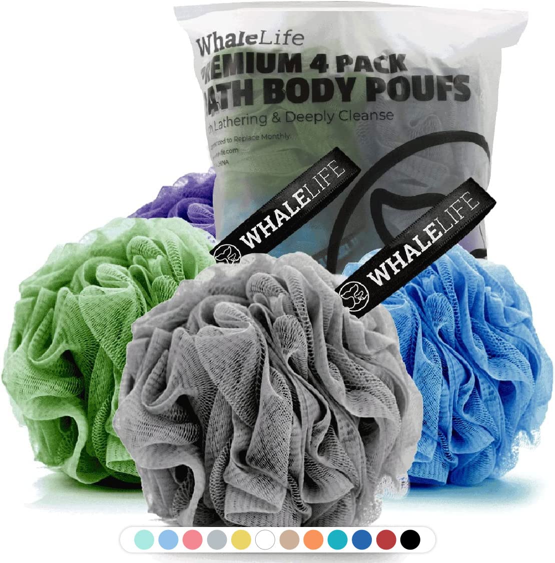 WhaleLife Bath Loofah Sponge for Shower - Body Scrubber 4-Pack Black