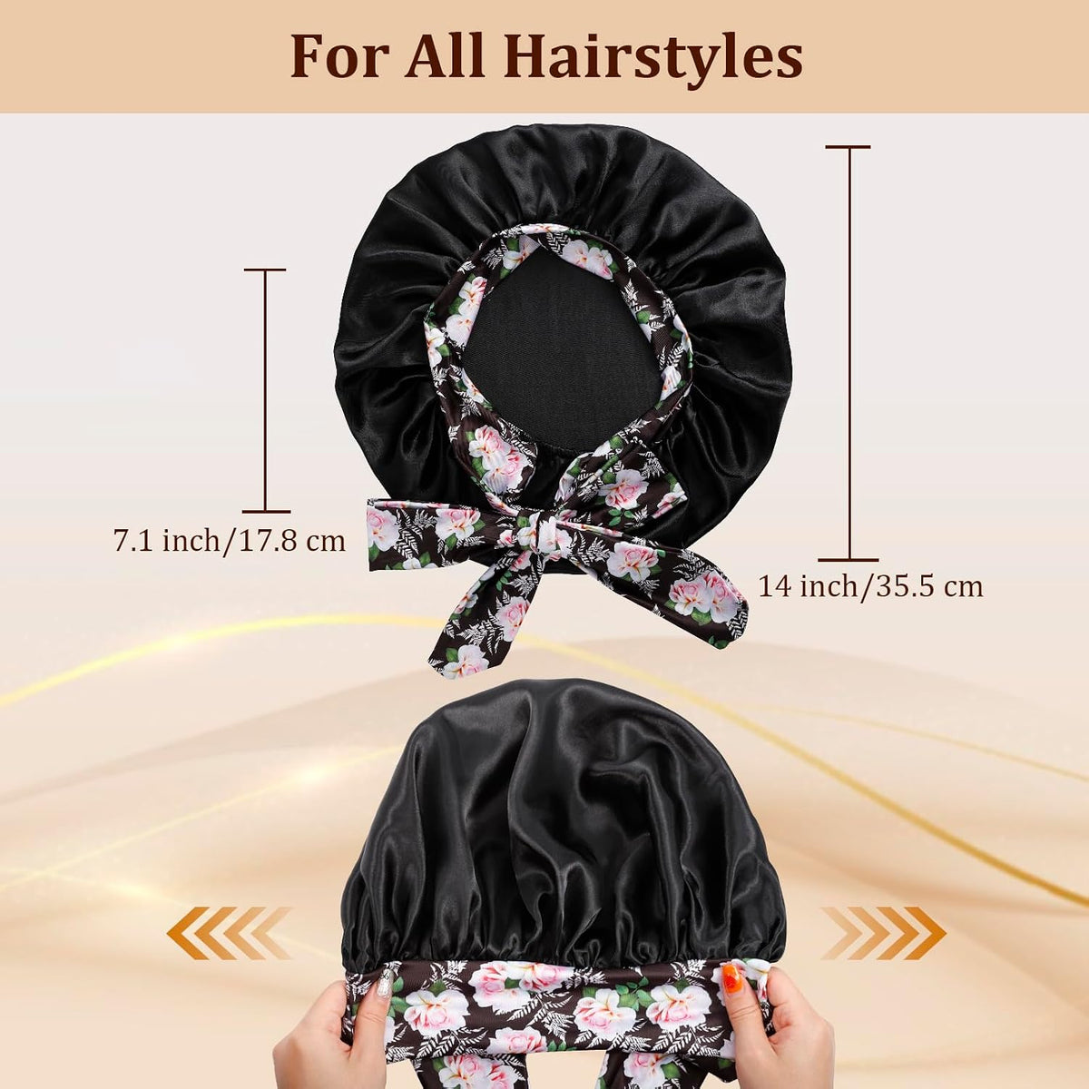 2Pcs Satin Bonnet with Tie Band for Sleeping, Champagne Gold+Black