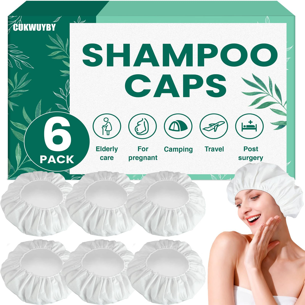 6 Pack Shampoo Caps No Rinse, Waterless Hair Washing Shower Cap