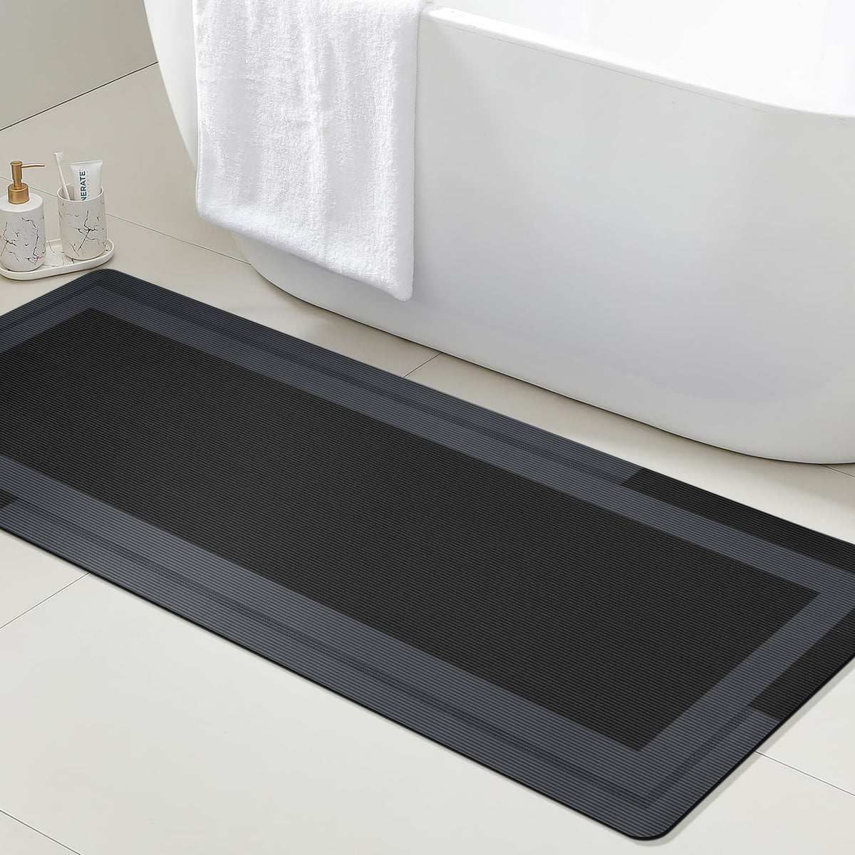 ACCUMTEK Non Slip Bath Mat, Thin Bathroom Rugs Fit Under Door, Quick Dry Bath Mats, Machine Washable Bath Rugs for Bathroom, Bathtub & Kitchen, Grey/Bordered/24 x17