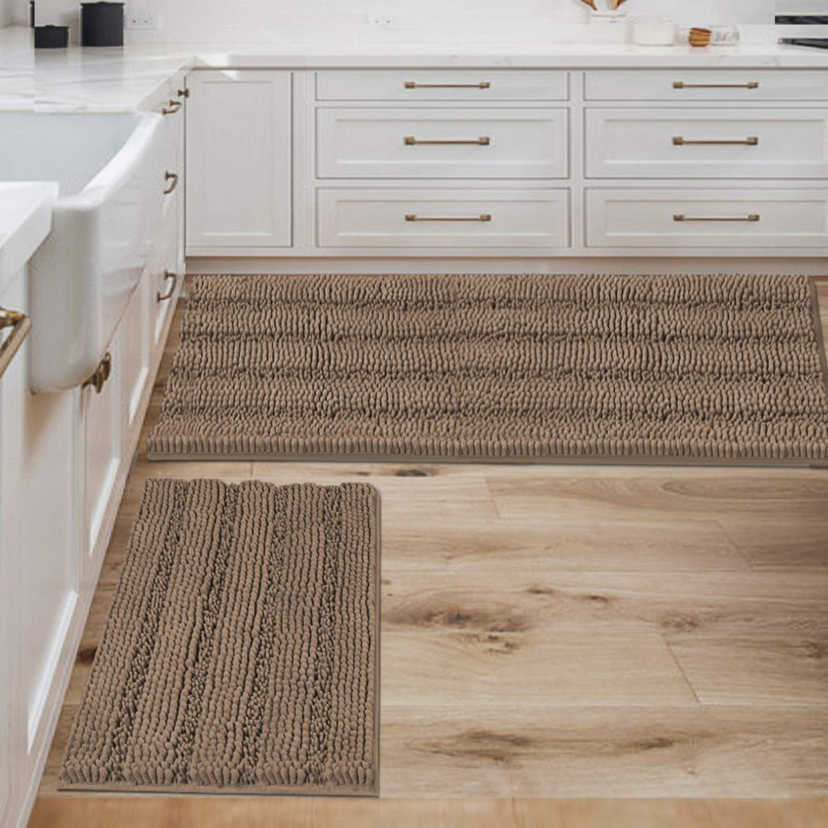 H.VERSAILTEX Grey Bathroom Rug Set Bath Mats, 2 Piece Bath Rugs Non Slip Thick Soft Chenille Striped Bath Rug Set, Bath Mats for Bathroom Sets (Grey, 20" x 32"/17" x 24")