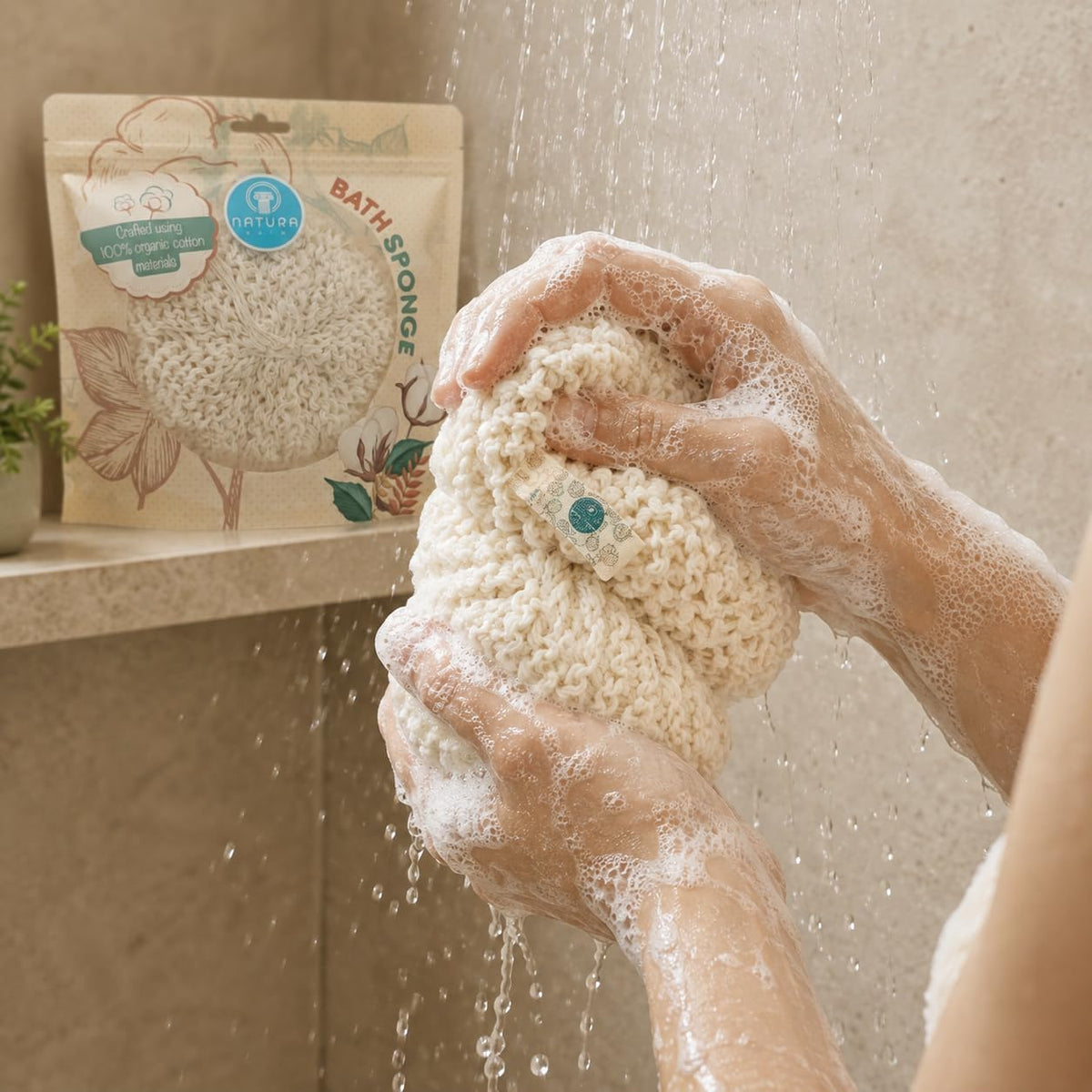 Organic Bath Sponge/Natura Bath Organic Cotton Bath Sponge – Ultra Soft Natural Body Sponge for Shower, Gentle Exfoliating Bath Sponge for Sensitive Skin, Reusable Eco-Friendly Shower Sponge
