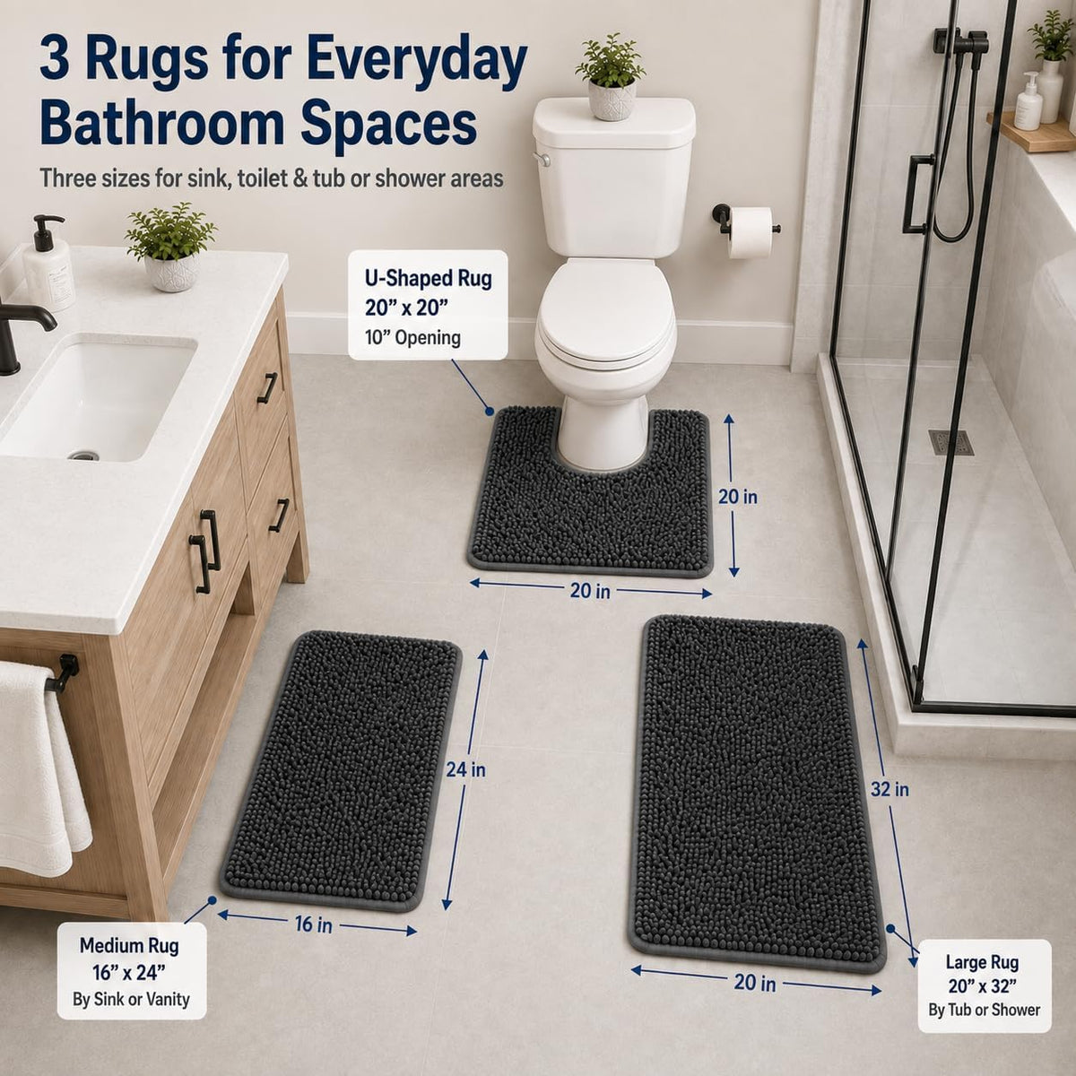 Bathroom Rugs Set Non Slip 3 Piece Bath Mat Washable Chenille Bath Rugs with PVC Backing Bath Carpet,Absorbent Bathroom Mats with Toilet Rug,Bath Mats for Bathroom,Bedroom, Kitchen,Tub,Home Decor
