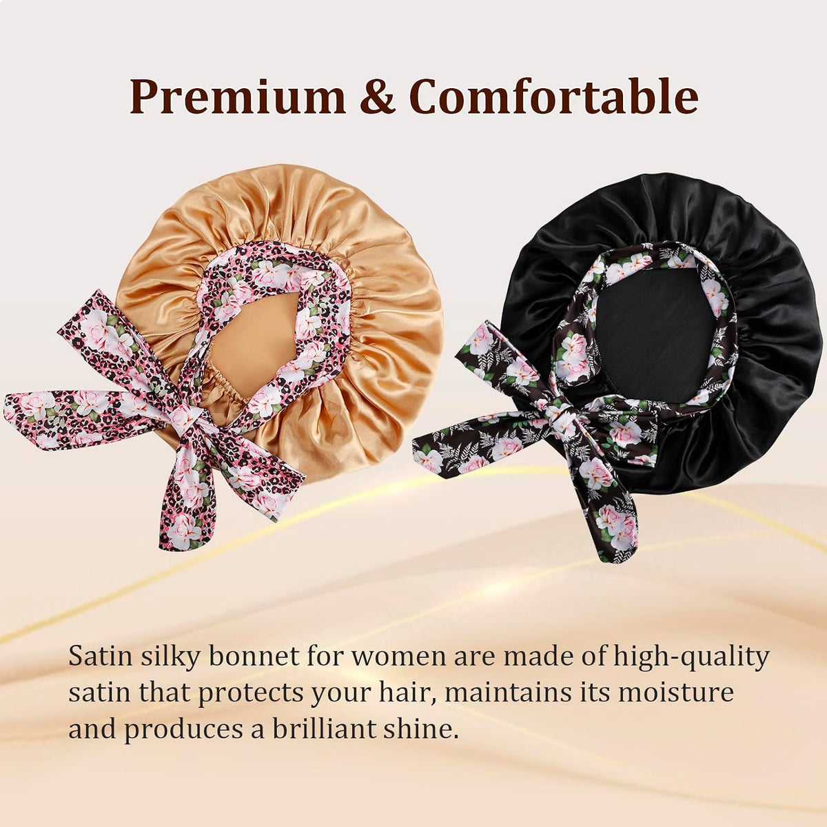 2Pcs Satin Bonnet with Tie Band for Sleeping, Champagne Gold+Black