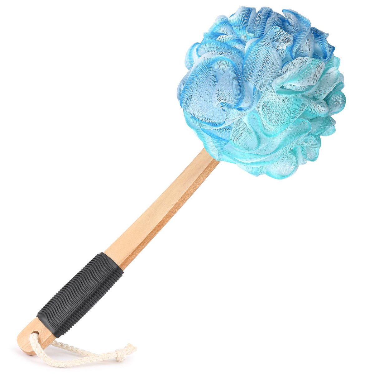 FORENEE Black Loofah on a Stick, PE Mesh Back Scrubber with Wood Handle