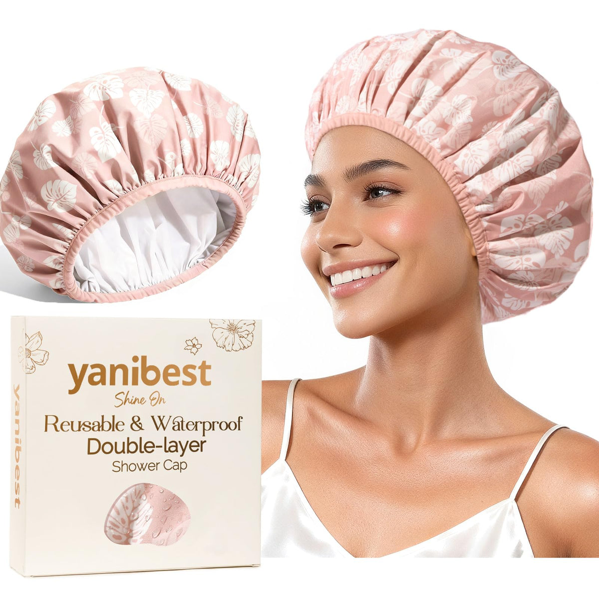 Yanibest Shower Cap Reusable Waterproof, Double Layer Shower Caps for Women