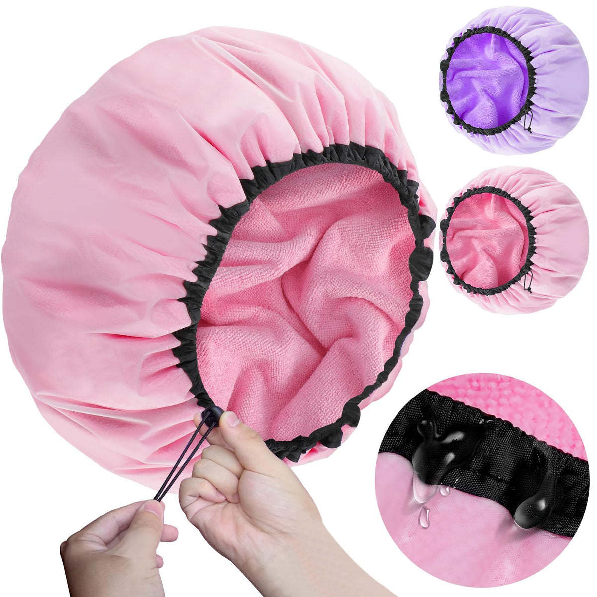 Sheomern 2 Pcs 15" XL Extra Large Terry Lined Shower Cap, Adjustable Dual Waterproof Shower Cap for Women Reusable Soft Hair Cap Bath Cap for Long Braids, Thick Hair, Locs, Curly Hair