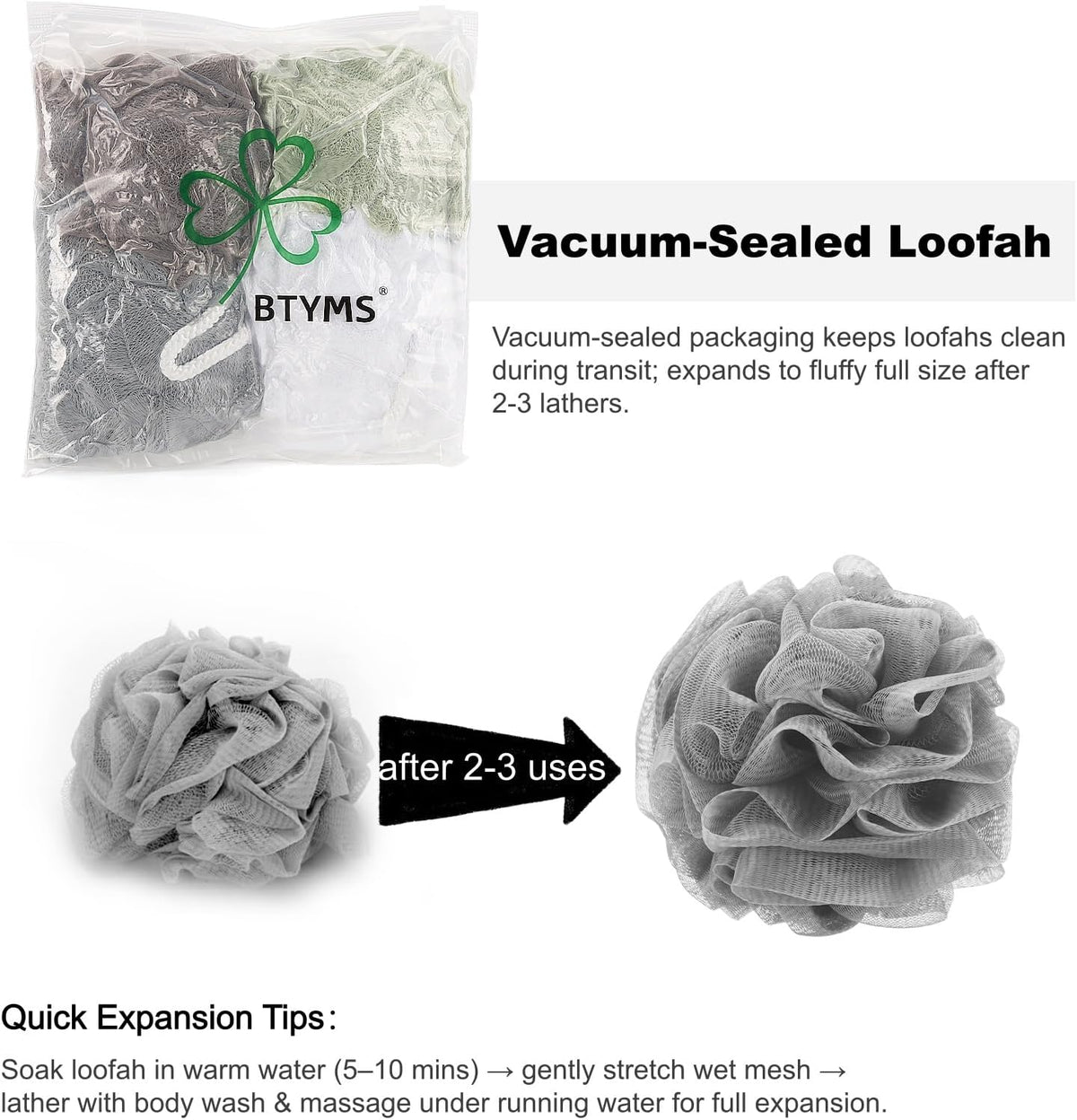 BTYMS XXL Large Loofah Bath Sponge 100g/pc, 6 Pcs Exfoliating Mesh Pouf Shower Puffs for Men and Women
